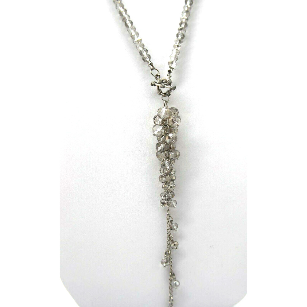 Sparkling Smokey Silver Crystal Bead Necklace Lariat Toggle 27" Long